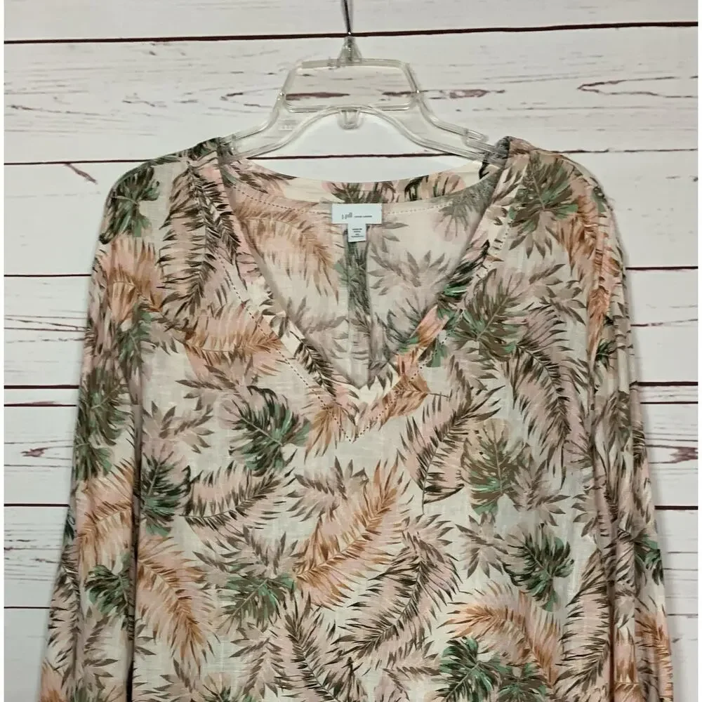 J.Jill Women's Plus Size 3X Pink Print 100% Linen Long Sleeve Summer Top Blouse